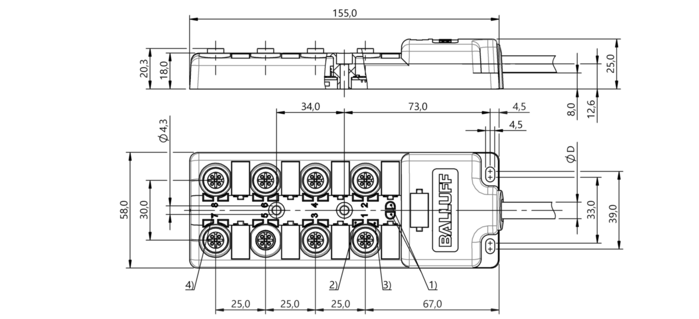 Распределительная коробка Balluff BPI 8M4A5P-2K-B0-KPXL0-200