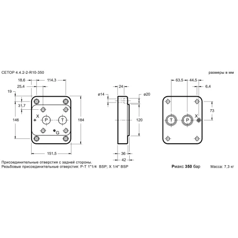 Плита для клапанов давления стальная DUPLOMATIC MS S.p.a. PMRQ7-AI7G/10, CETOP R10, 350 бар, порты с задней стороны