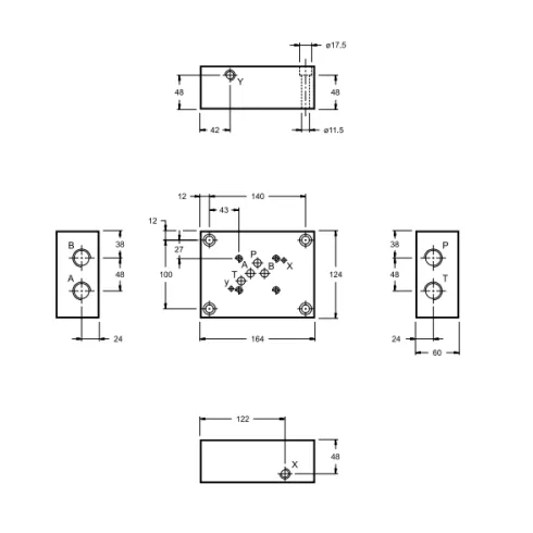 Плита для распределителей и клапанов стальная DUPLOMATIC MS S.p.a. PME4-AL5G/10, CETOP P05, 320 бар, порты с боковой стороны
